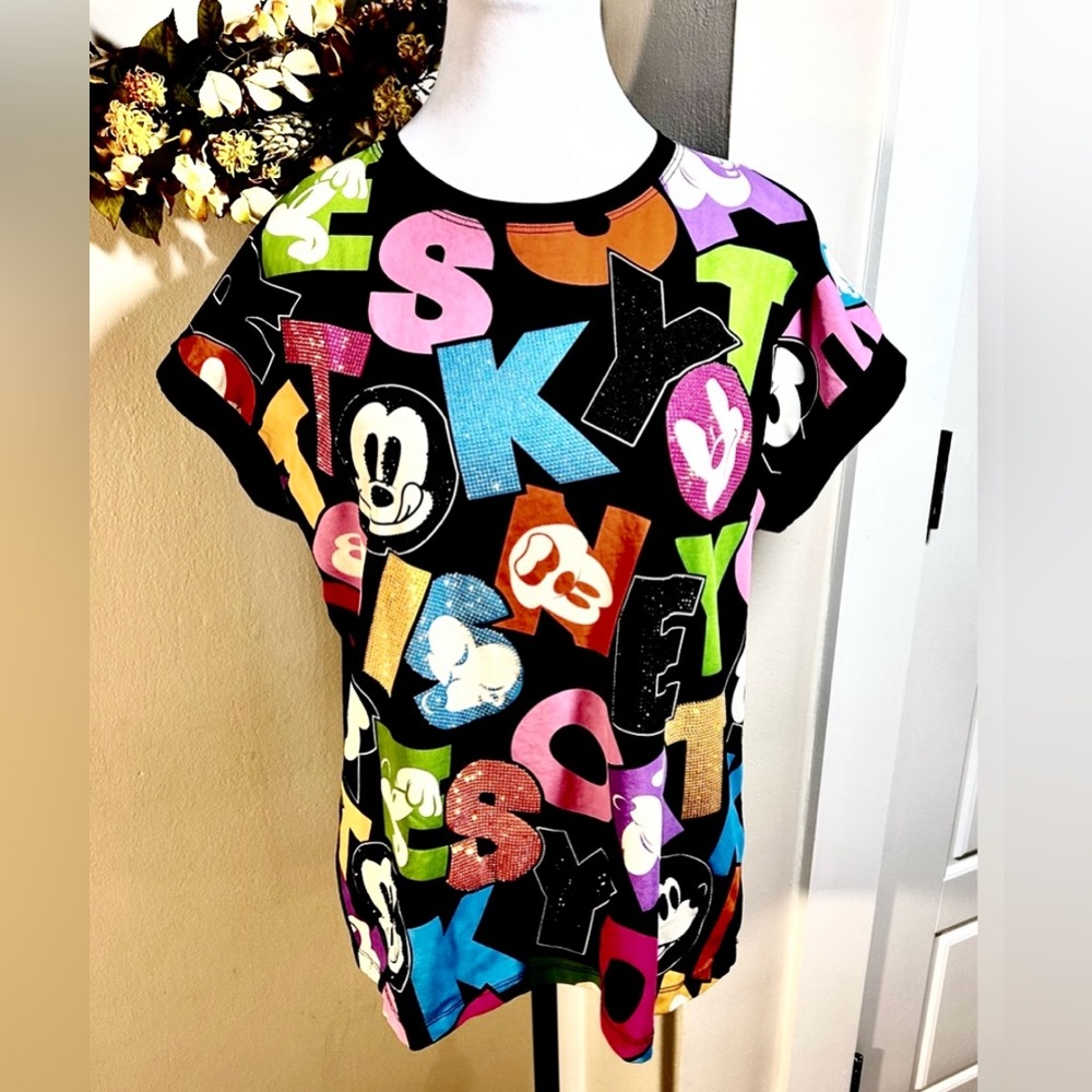 Mickey Mouse Colorful Tokyo Spell Out Blinged Out Rolled Sleeve Tee Sz S/M💛
